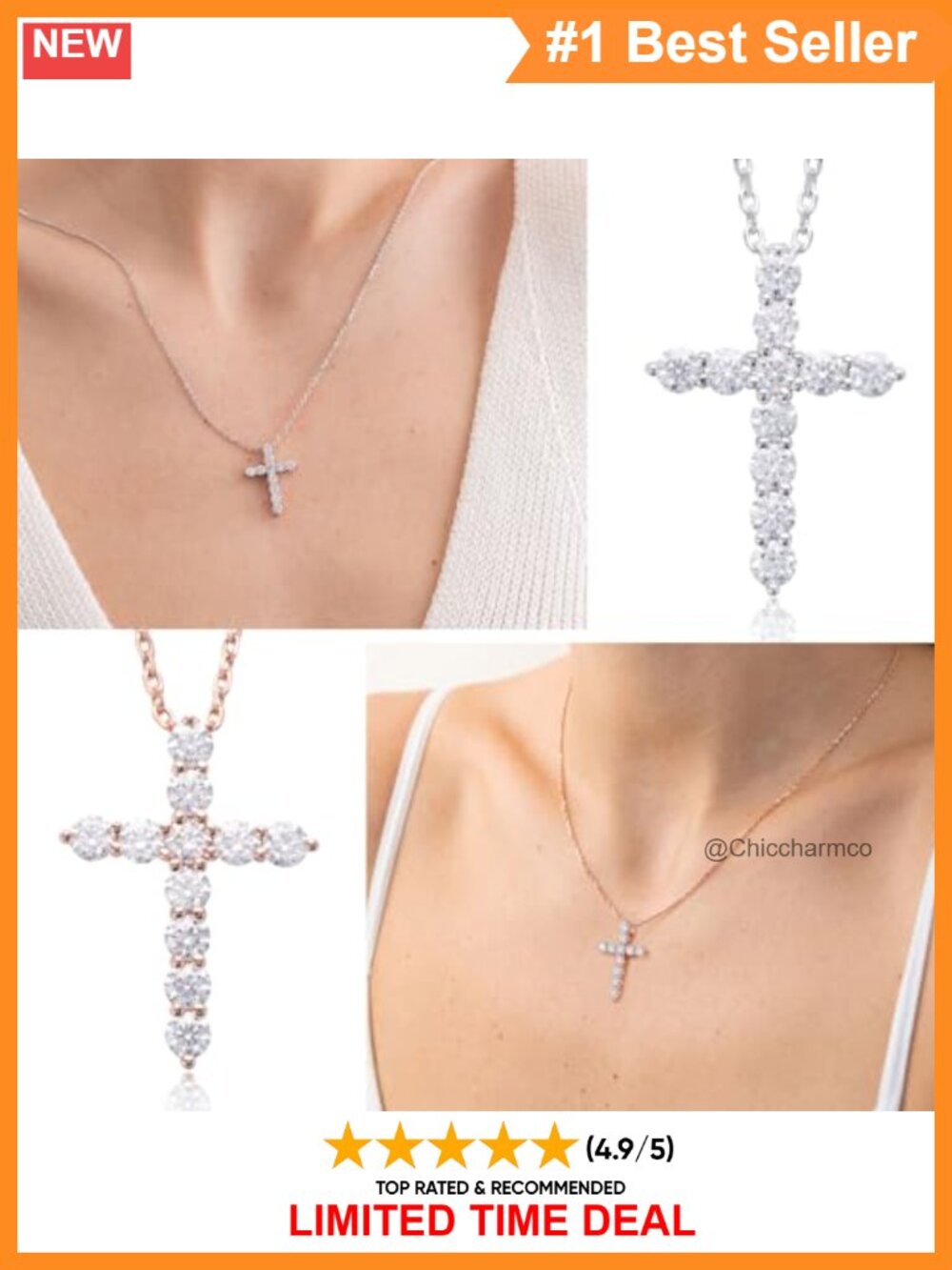 Moissanite Cross Pendant Necklace Sterling Silver 18K Gold Plated - Picture 2 of 6